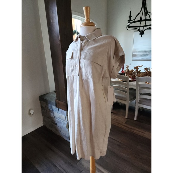 NWT Calvin Klein Linen Blend Shirt Dress Tan Size 8 Button Front Pocketed Casual - Picture 2 of 11
